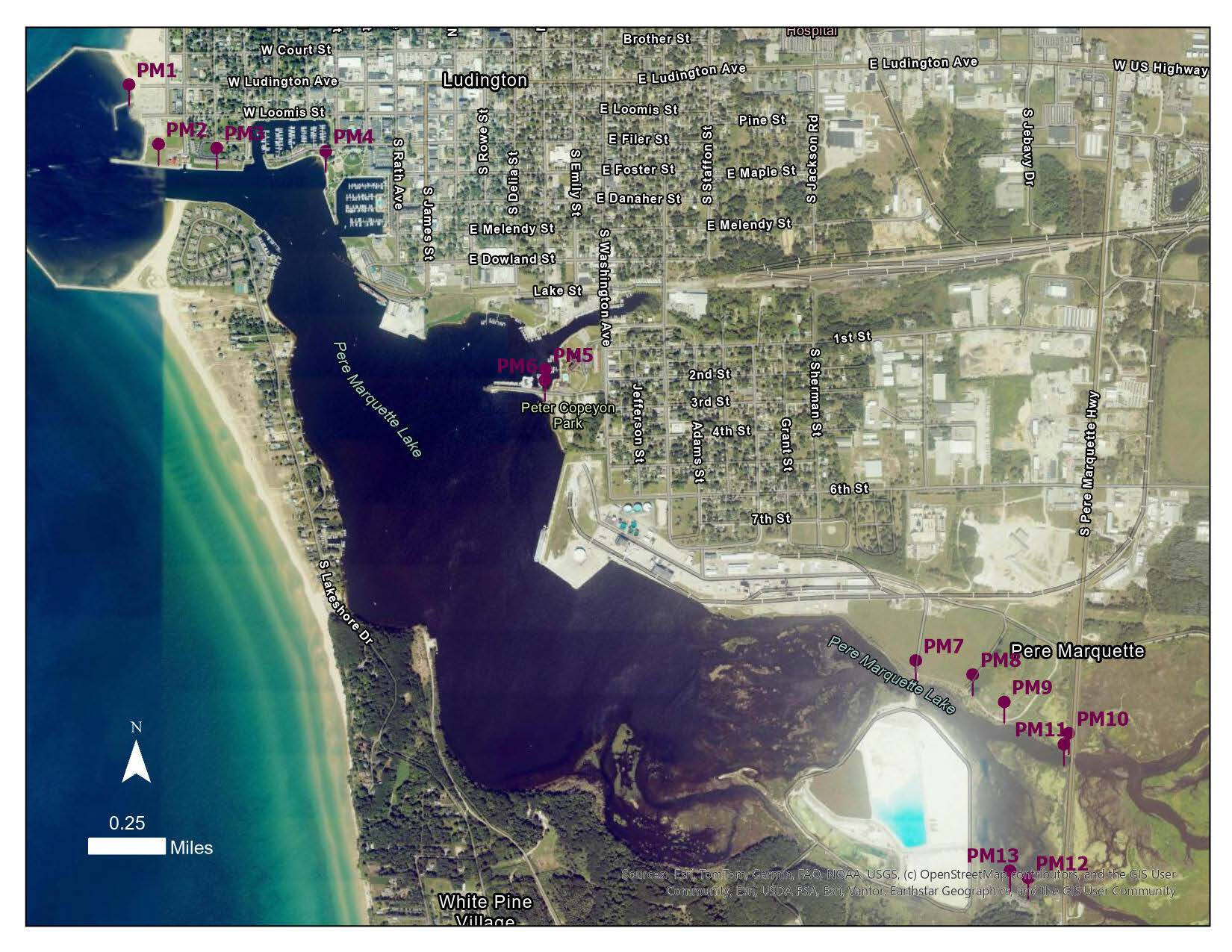 Pere Marquette Lake survey sites on an aerial map of the lake.